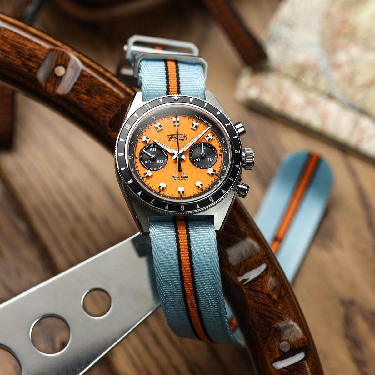 FORZO Racing SP Nylon Watch Strap - Light Blue with Racing Stripes