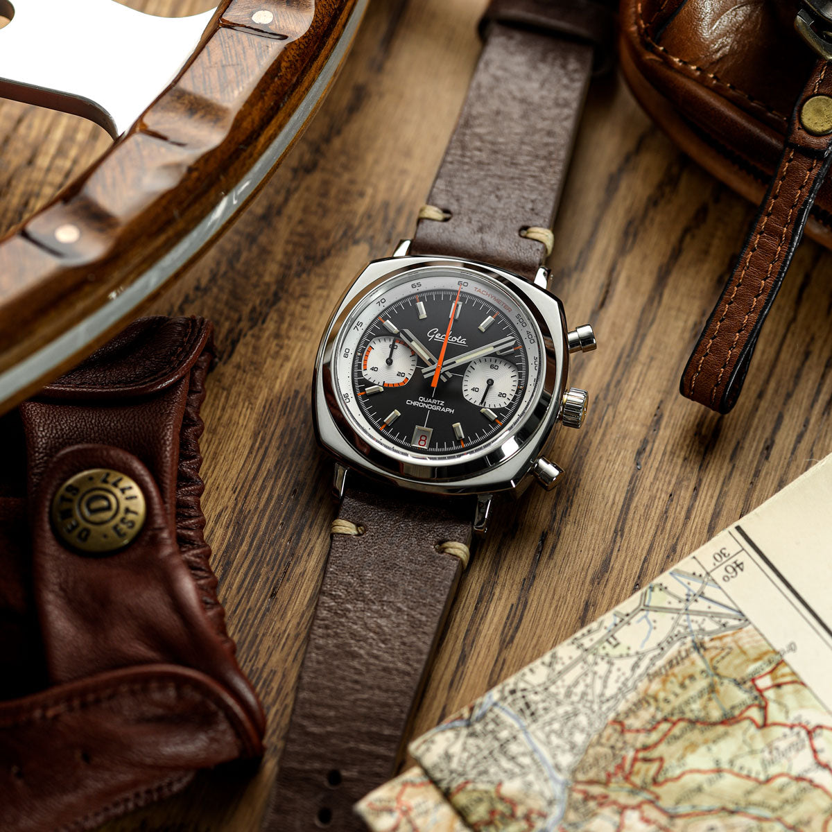 Geckota Vintage V-Stitch Italian Leather Watch Strap - Chocolate Brown - additional image 2